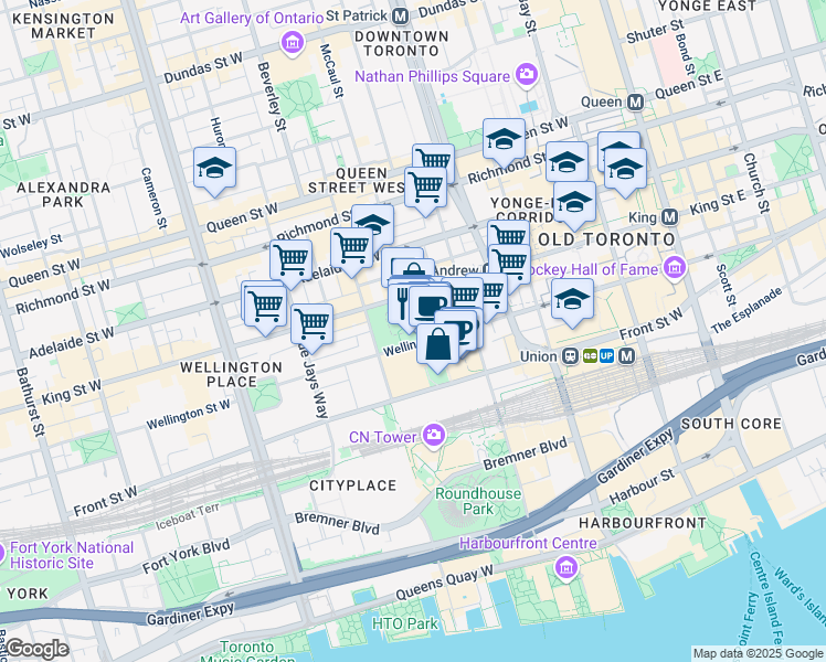 map of restaurants, bars, coffee shops, grocery stores, and more near in Toronto