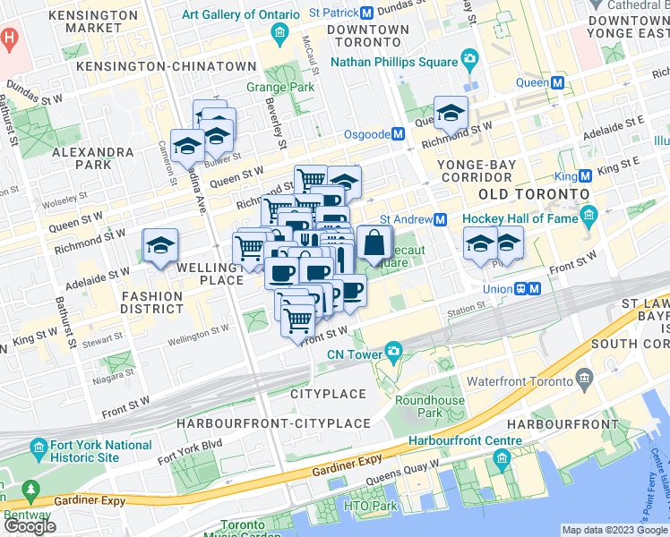 map of restaurants, bars, coffee shops, grocery stores, and more near 299 A King Street West in Toronto