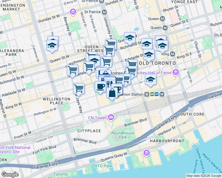 map of restaurants, bars, coffee shops, grocery stores, and more near 200 Wellington Street West in Toronto