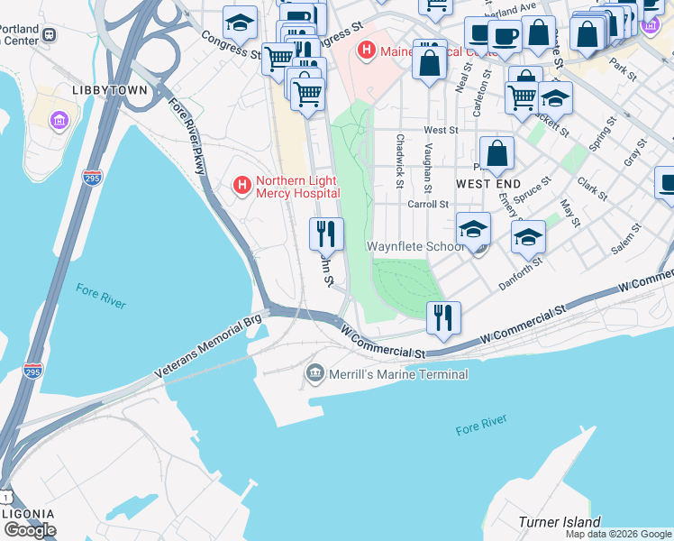 map of restaurants, bars, coffee shops, grocery stores, and more near 70 Saint John Street in Portland