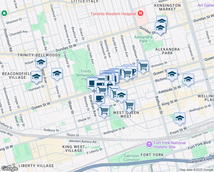 map of restaurants, bars, coffee shops, grocery stores, and more near 760 Queen Street West in Toronto
