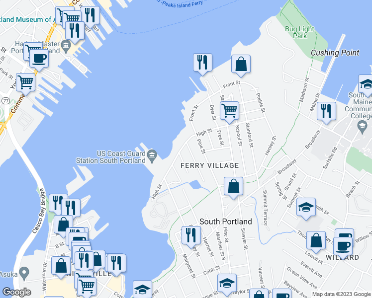 map of restaurants, bars, coffee shops, grocery stores, and more near 11 Oak Street in South Portland