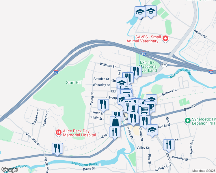 map of restaurants, bars, coffee shops, grocery stores, and more near 28 Eldridge Street in Lebanon