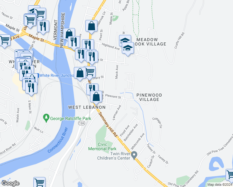 map of restaurants, bars, coffee shops, grocery stores, and more near 20 Pleasant Street in Lebanon