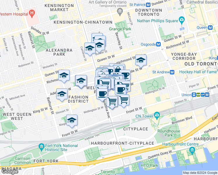map of restaurants, bars, coffee shops, grocery stores, and more near in Toronto