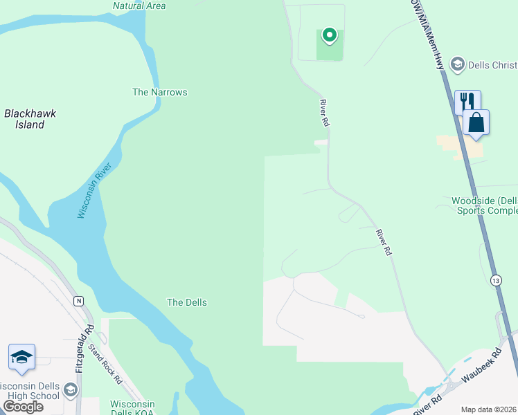map of restaurants, bars, coffee shops, grocery stores, and more near 981-999 North Grouse Lane in Wisconsin Dells