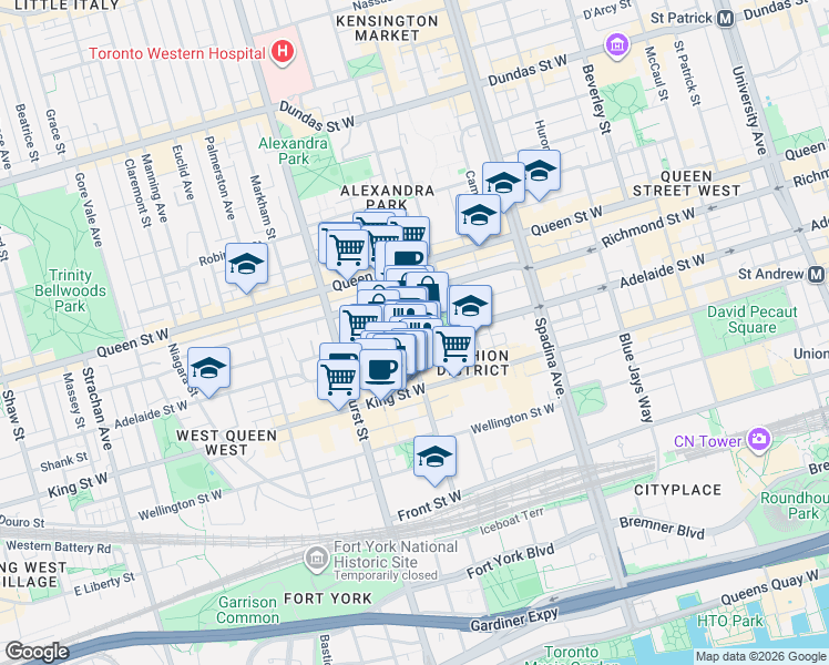 map of restaurants, bars, coffee shops, grocery stores, and more near 123 Portland Street in Toronto