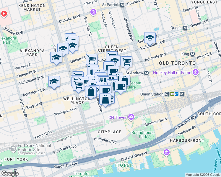 map of restaurants, bars, coffee shops, grocery stores, and more near 8 Mercer Street in Toronto