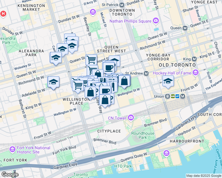 map of restaurants, bars, coffee shops, grocery stores, and more near 8 Mercer Street in Toronto