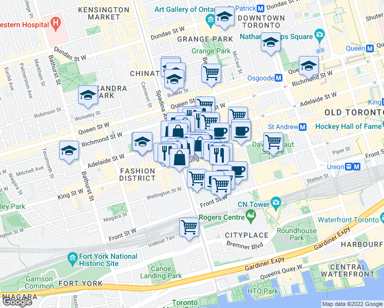 map of restaurants, bars, coffee shops, grocery stores, and more near 434 King Street West in Toronto