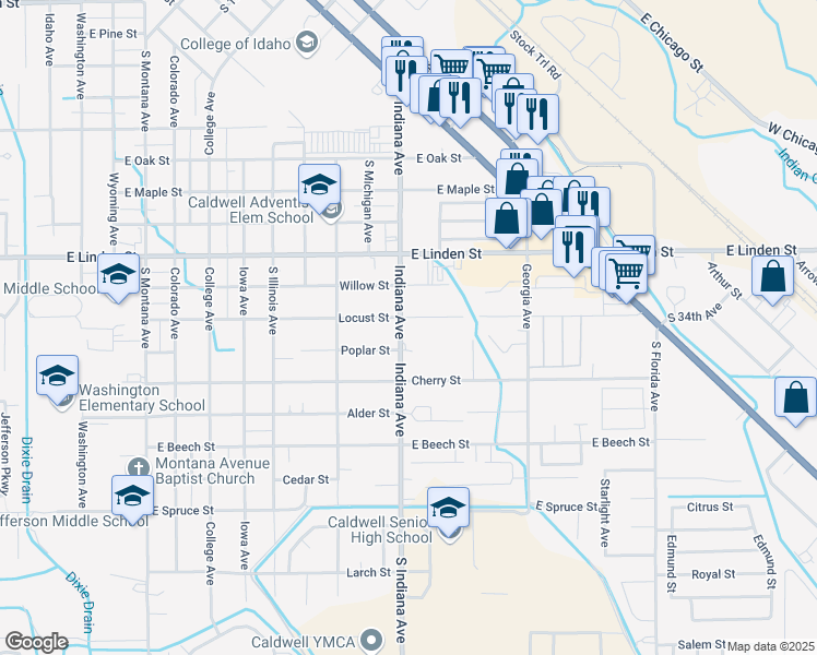 map of restaurants, bars, coffee shops, grocery stores, and more near 2104 East Locust Street in Caldwell