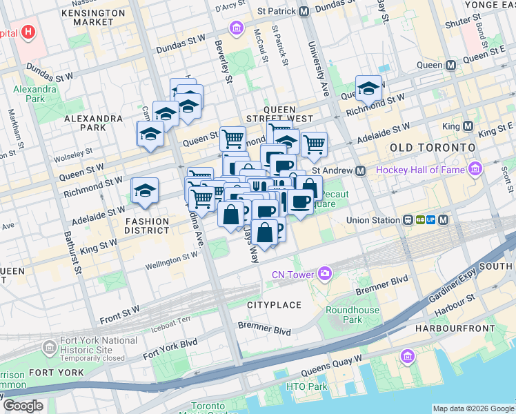 map of restaurants, bars, coffee shops, grocery stores, and more near 327 King Street West in Toronto