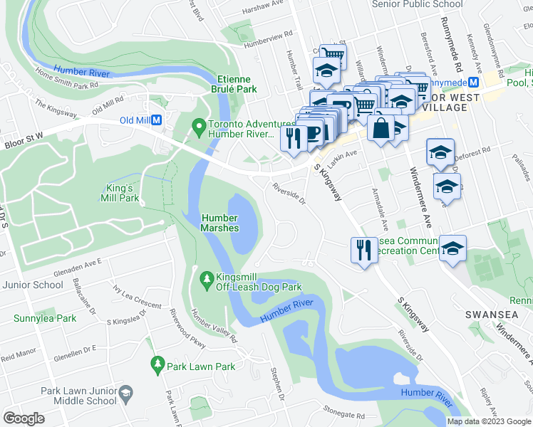 map of restaurants, bars, coffee shops, grocery stores, and more near 76 Brule Gardens in Toronto