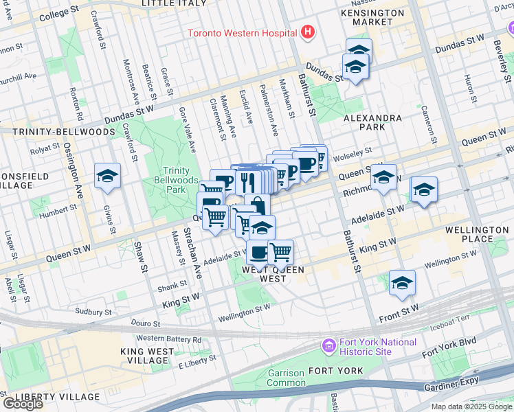 map of restaurants, bars, coffee shops, grocery stores, and more near 797 Queen Street West in Toronto