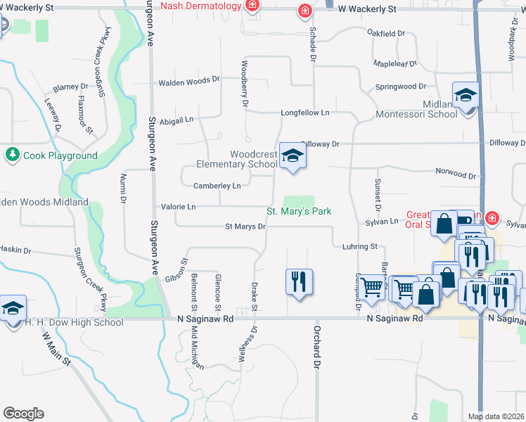 map of restaurants, bars, coffee shops, grocery stores, and more near 2620 Saint Marys Drive in Midland