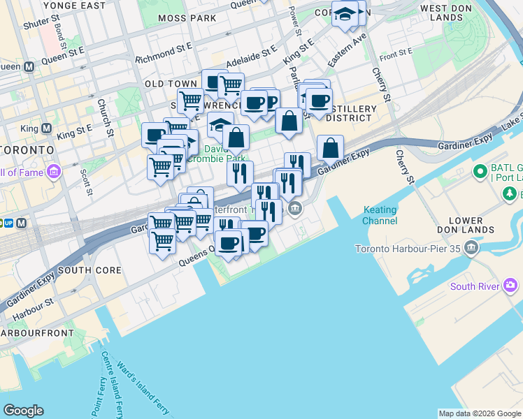 map of restaurants, bars, coffee shops, grocery stores, and more near 12 Bonnycastle Street in Toronto