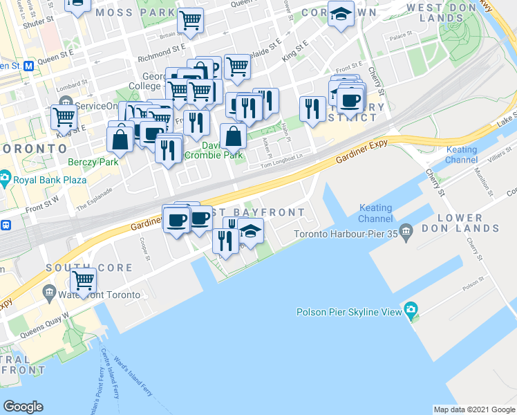 map of restaurants, bars, coffee shops, grocery stores, and more near 12 Bonnycastle Street in Toronto