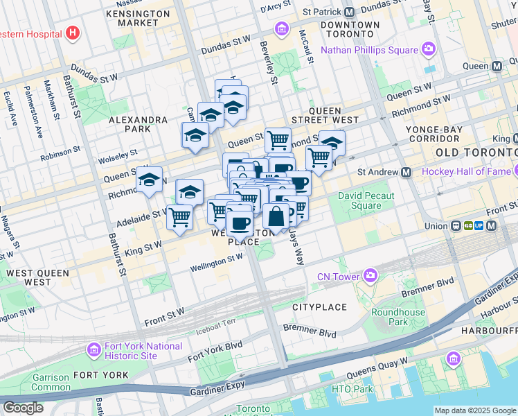 map of restaurants, bars, coffee shops, grocery stores, and more near 8 Charlotte Street in Toronto