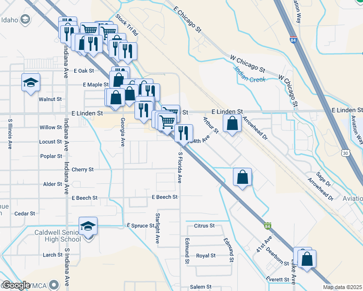 map of restaurants, bars, coffee shops, grocery stores, and more near 2901 South Florida Avenue in Caldwell