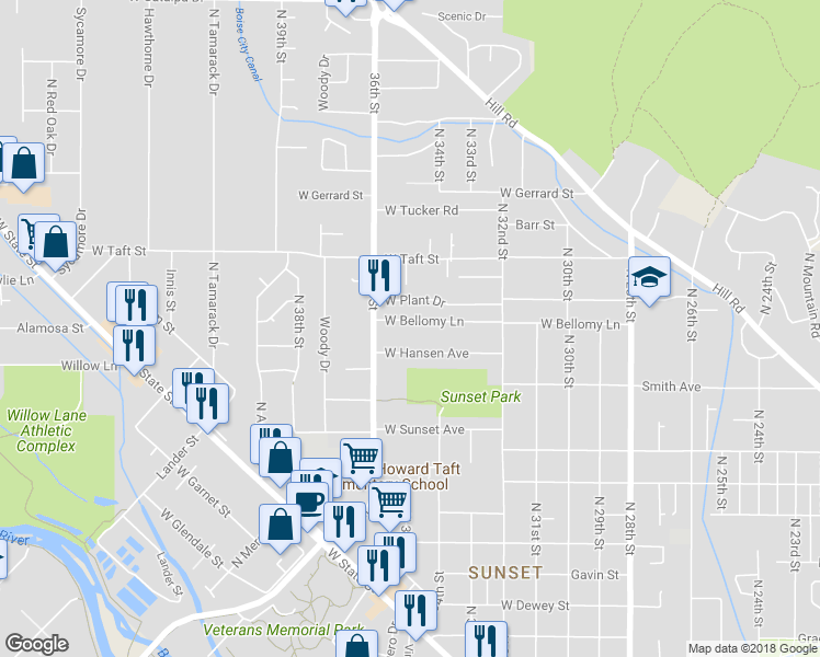 map of restaurants, bars, coffee shops, grocery stores, and more near 3507 West Bellomy Lane in Boise
