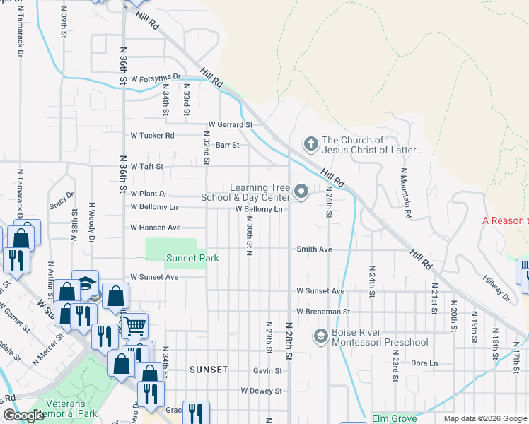 map of restaurants, bars, coffee shops, grocery stores, and more near 2725 North 29th Street in Boise