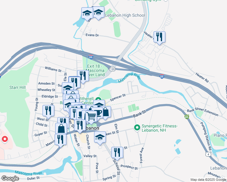 map of restaurants, bars, coffee shops, grocery stores, and more near 21 Spencer Street in Lebanon