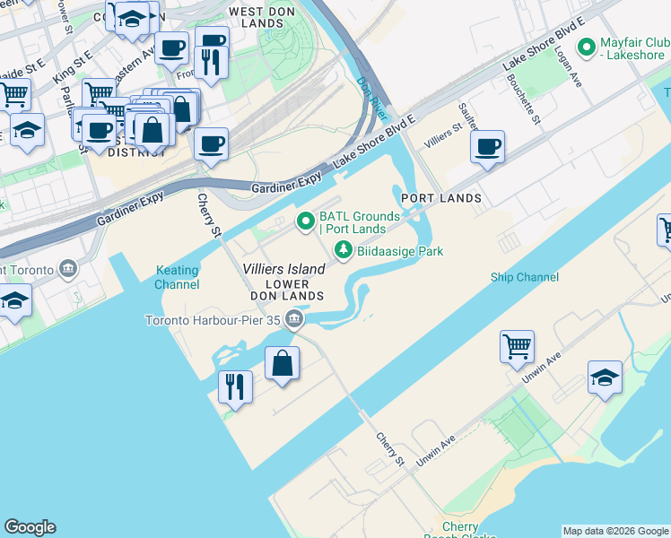 map of restaurants, bars, coffee shops, grocery stores, and more near 39 Commissioners Street in Toronto