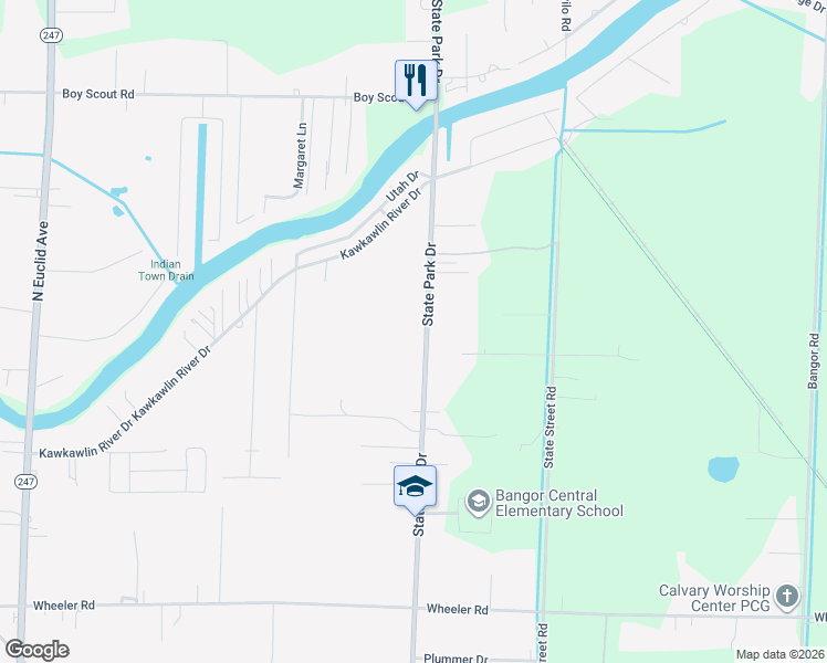 map of restaurants, bars, coffee shops, grocery stores, and more near 256 State Park Drive in Bay City