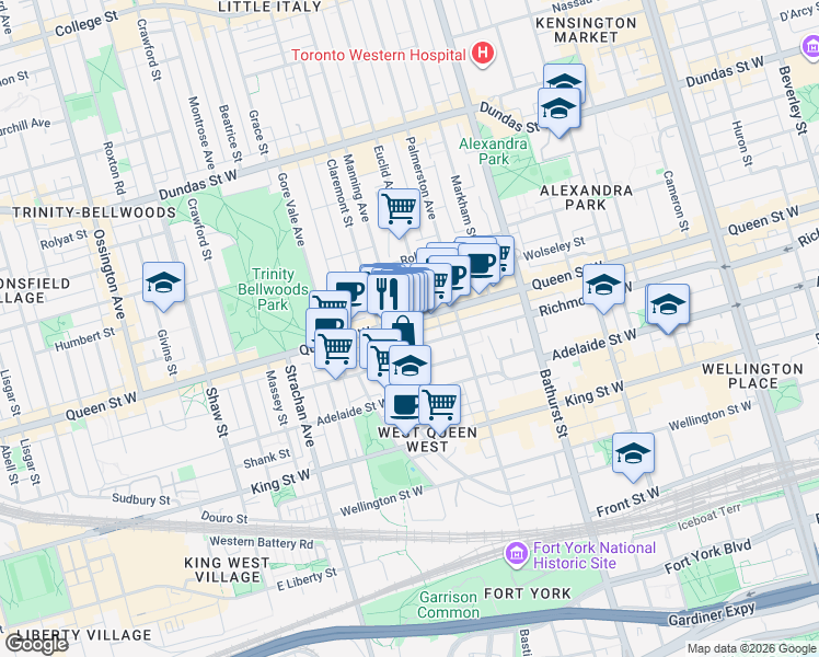 map of restaurants, bars, coffee shops, grocery stores, and more near 797 Queen Street West in Toronto