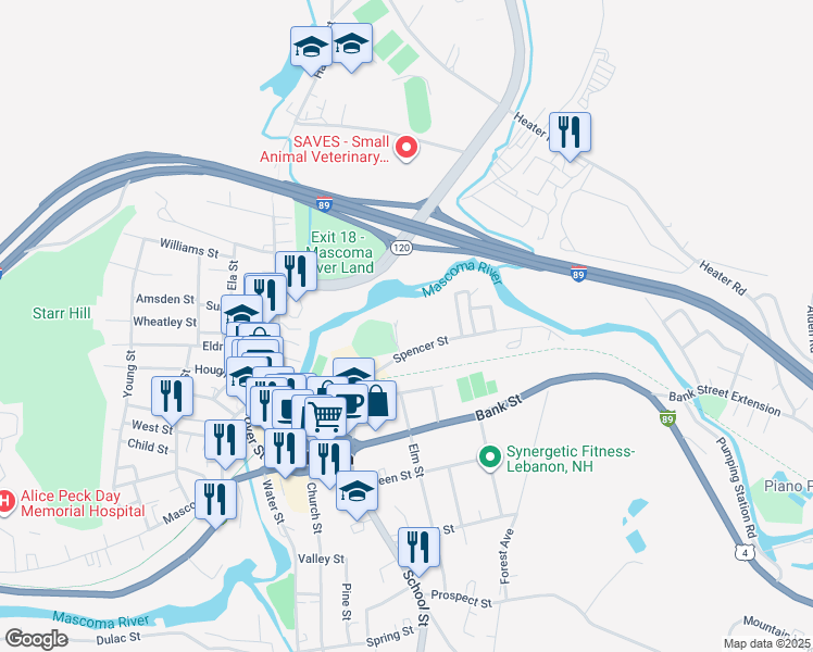 map of restaurants, bars, coffee shops, grocery stores, and more near 11 Spencer Street in Lebanon