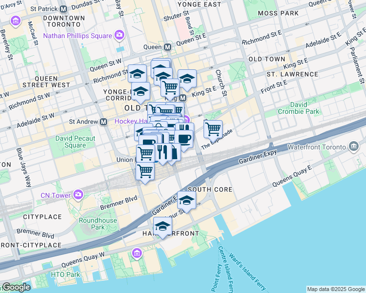 map of restaurants, bars, coffee shops, grocery stores, and more near in Toronto