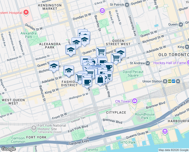 map of restaurants, bars, coffee shops, grocery stores, and more near 8 Charlotte Street in Toronto