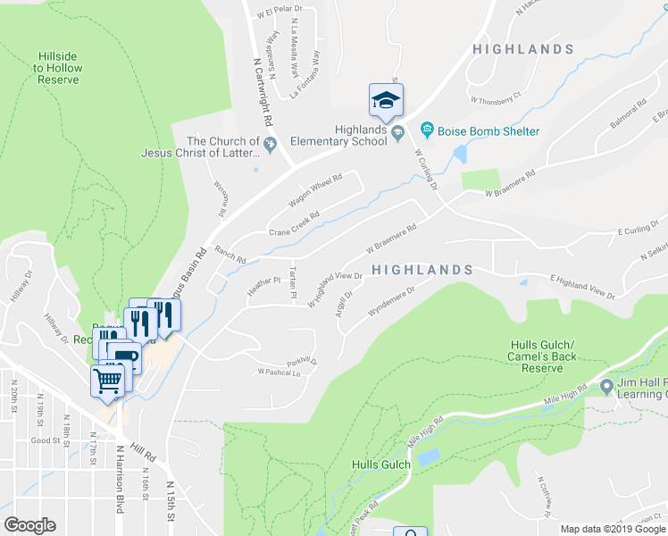 map of restaurants, bars, coffee shops, grocery stores, and more near 916 West Braemere Road in Boise