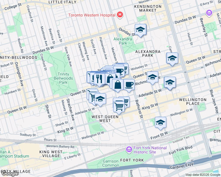map of restaurants, bars, coffee shops, grocery stores, and more near 688 Richmond Street West in Toronto