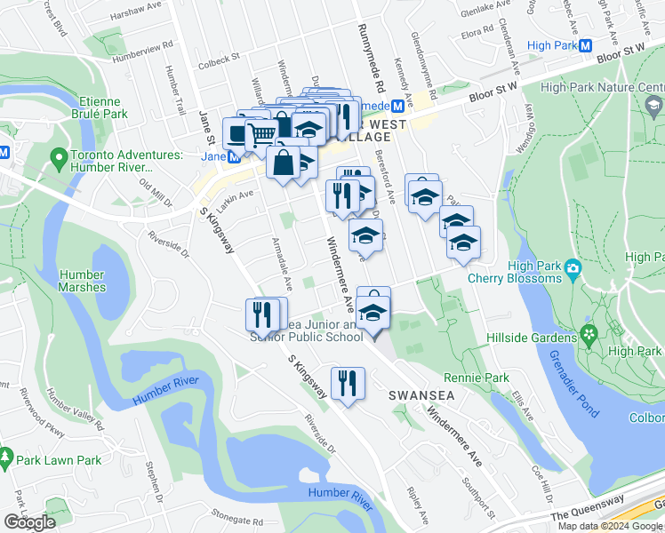 map of restaurants, bars, coffee shops, grocery stores, and more near 270 Windermere Avenue in Toronto