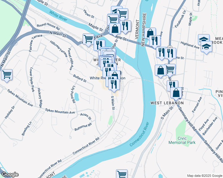 map of restaurants, bars, coffee shops, grocery stores, and more near 230 South Main Street in Hartford