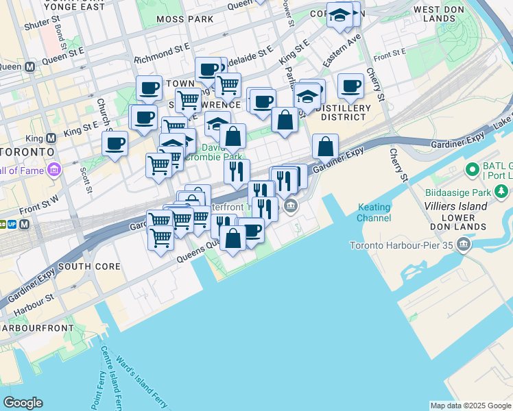 map of restaurants, bars, coffee shops, grocery stores, and more near in Toronto