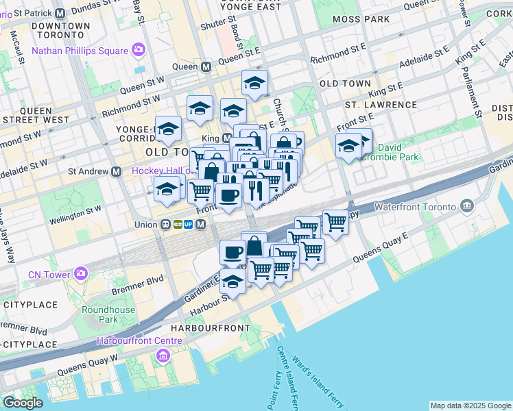 map of restaurants, bars, coffee shops, grocery stores, and more near 8 The Esplanade in Toronto