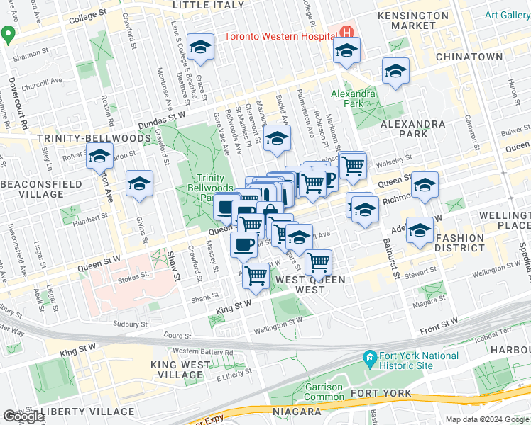 map of restaurants, bars, coffee shops, grocery stores, and more near 800 Richmond Street West in Toronto