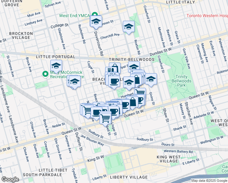 map of restaurants, bars, coffee shops, grocery stores, and more near in Toronto