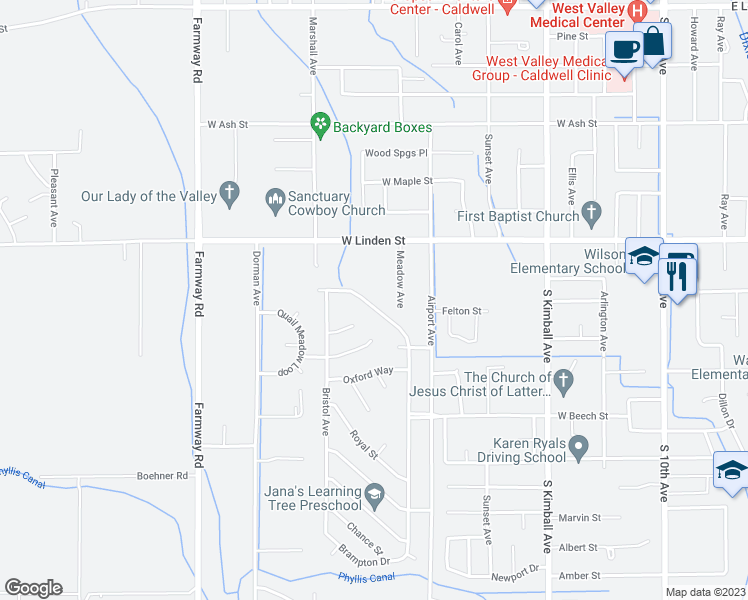 map of restaurants, bars, coffee shops, grocery stores, and more near 2705 Manchester Drive in Caldwell
