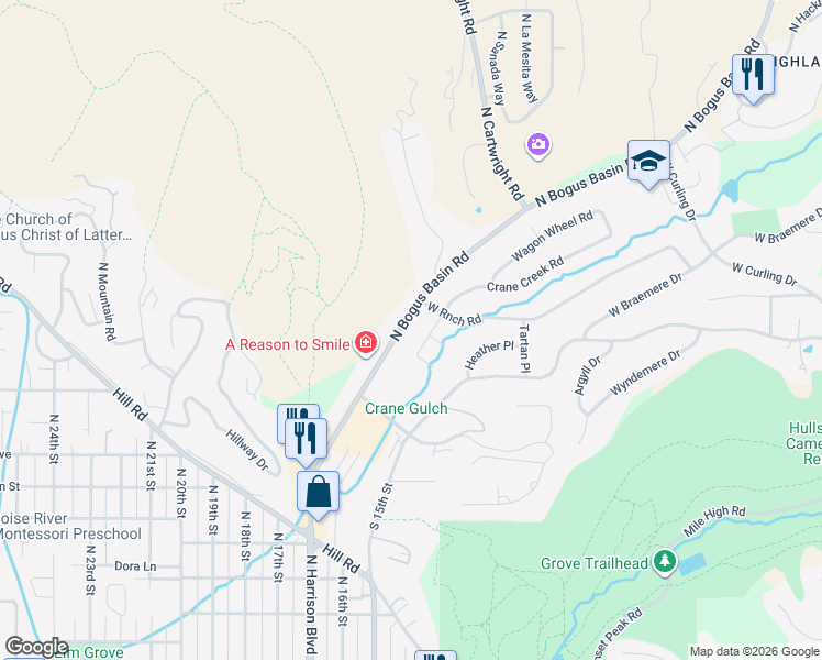 map of restaurants, bars, coffee shops, grocery stores, and more near 2818 North Bogus Basin Road in Boise