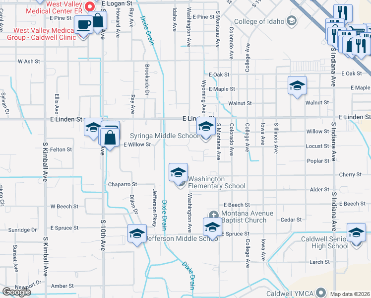 map of restaurants, bars, coffee shops, grocery stores, and more near 1100 Willow Street in Caldwell