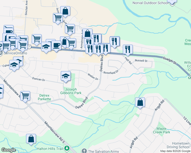 map of restaurants, bars, coffee shops, grocery stores, and more near 8 Weber Drive in Halton Hills