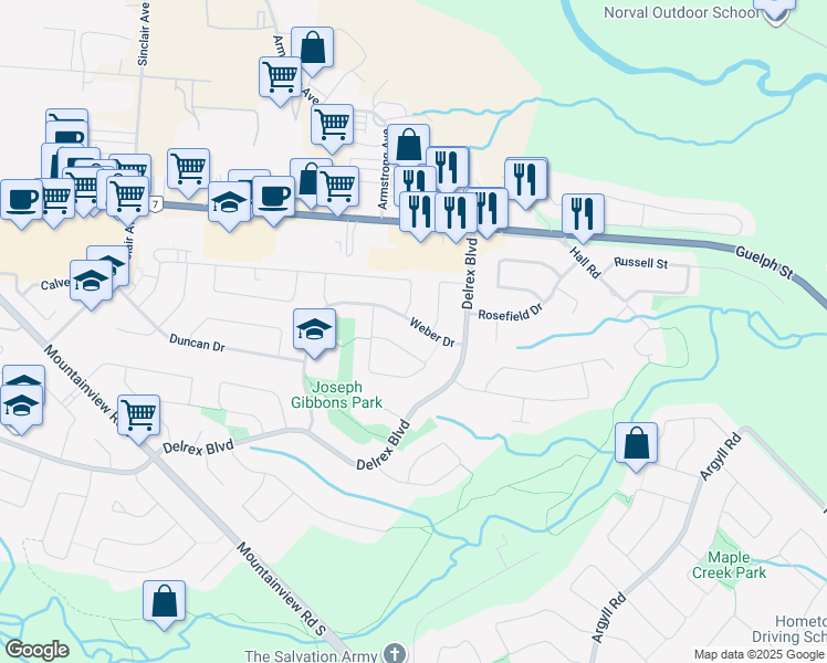 map of restaurants, bars, coffee shops, grocery stores, and more near 21 Weber Drive in Halton Hills