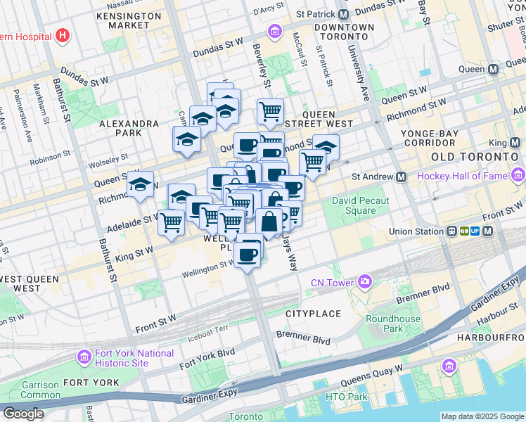 map of restaurants, bars, coffee shops, grocery stores, and more near 400 King Street West in Toronto