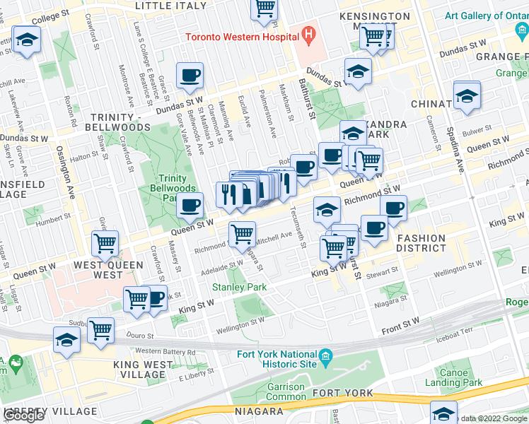map of restaurants, bars, coffee shops, grocery stores, and more near 781 Queen Street West in Toronto