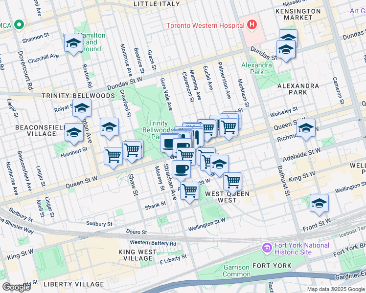 map of restaurants, bars, coffee shops, grocery stores, and more near 9 Gore Vale Avenue in Toronto
