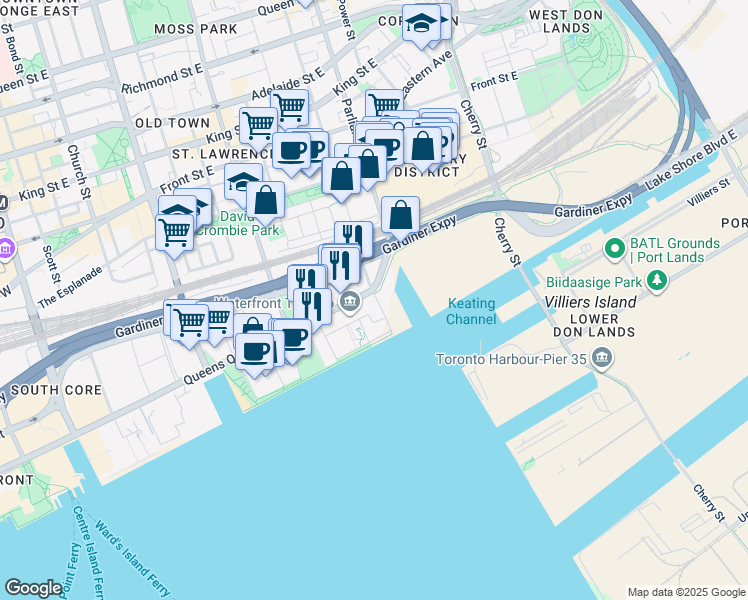 map of restaurants, bars, coffee shops, grocery stores, and more near 263 Queens Quay East in Toronto