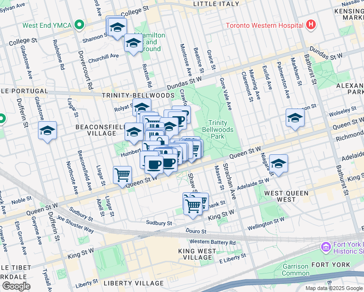 map of restaurants, bars, coffee shops, grocery stores, and more near 150 Shaw Street in Toronto